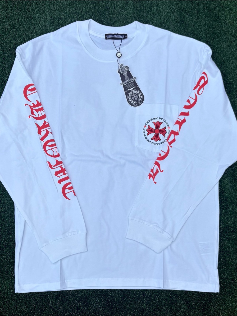 Chrome Hearts White Long Sleeve Tee with Red Sleeve Script and Chest Emblem